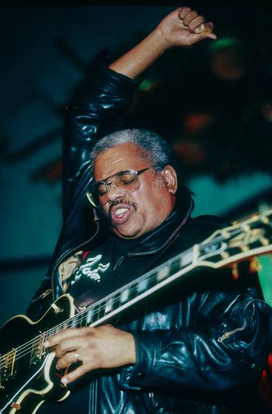 American free jazz guitarist Sonny Sharrock (born Warren Harding Sharrock, 1940-1994) performs at S.O.B.'s, New York, New York, Wednesday, February 5, 1992. CREDIT: Photograph © 1992 Jack Vartoogian/FrontRowPhotos. ALL RIGHTS RESERVED.